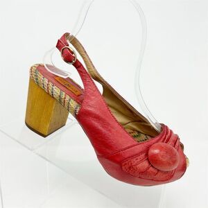Miz Mooz Violin Red Leather Slingback Peep Toe Pumps Size 6 Button Detail